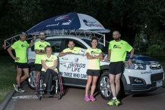 Red Bull Wings for Life Ambassadors Dion Finocchiaro, Lewis Ciddor,  Rhiannon Tracey, Tim Crosby, Kirstin Bull and Ben Wallis with the Chase car at the Queen Victoria Gardens in Melbourne on Tuesday 5th April, 2016.  // Mark Dadswell for Wings for Life World Run // P-20160413-00098 // Usage for editorial use only // Please go to www.redbullcontentpool.com for further information. //